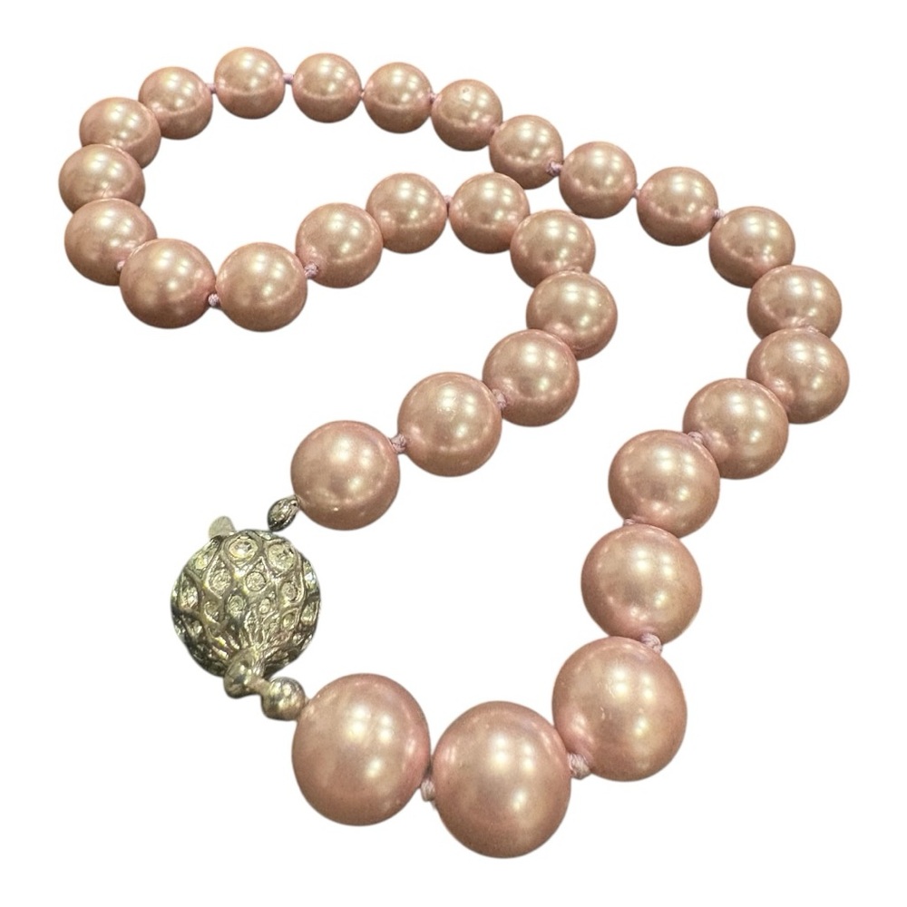 Vintage Pink Glass Pearl Necklace with Rhinestone Clasp Statement Strand JB7